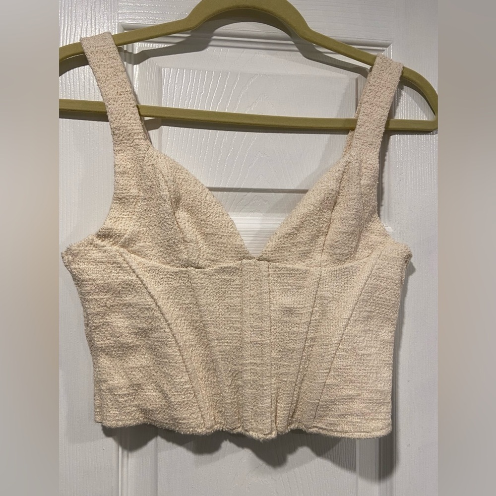 Zara Size M Cream Cotton Boucle Boned Corset Crop Top Stretch Lined Textured